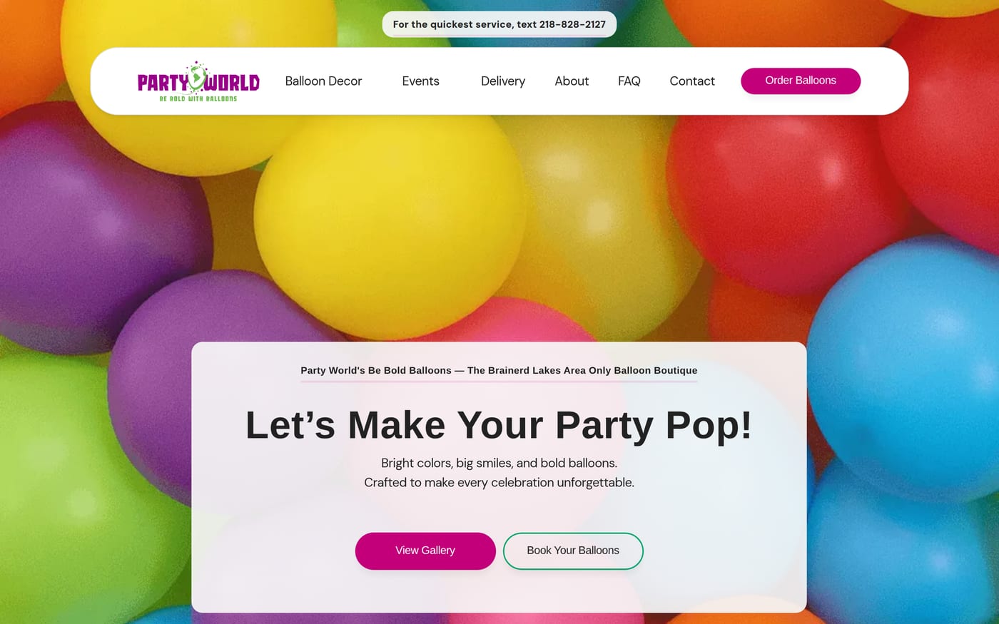The Be Bold Balloons site: a wall of bright balloons behind a panel reading Let's Make Your Party Pop