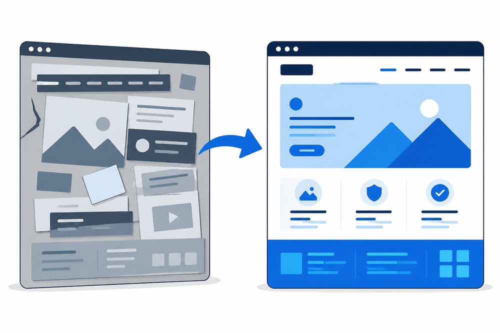 A cluttered template layout beside a clean custom one, side by side.