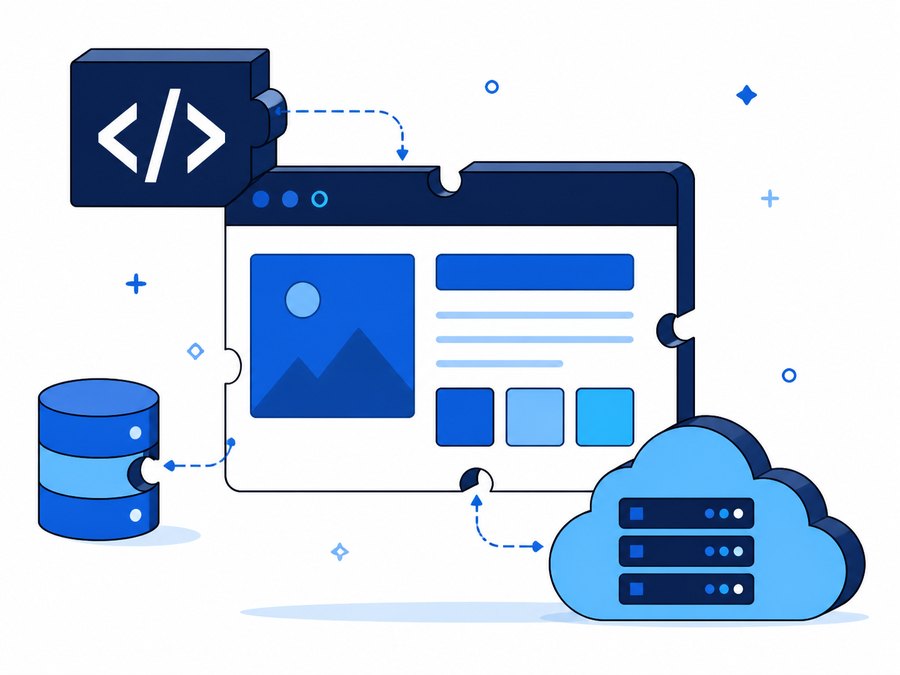 Illustration of a website built from hand-written code, a database and cloud hosting