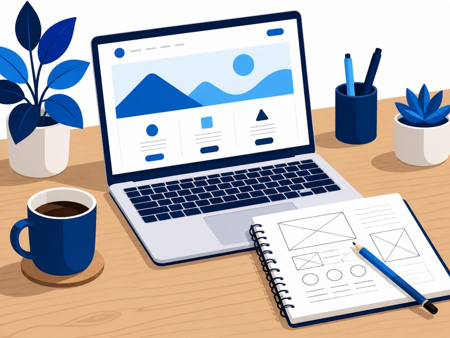 Illustration of a desk with a laptop, coffee and a wireframe sketchbook