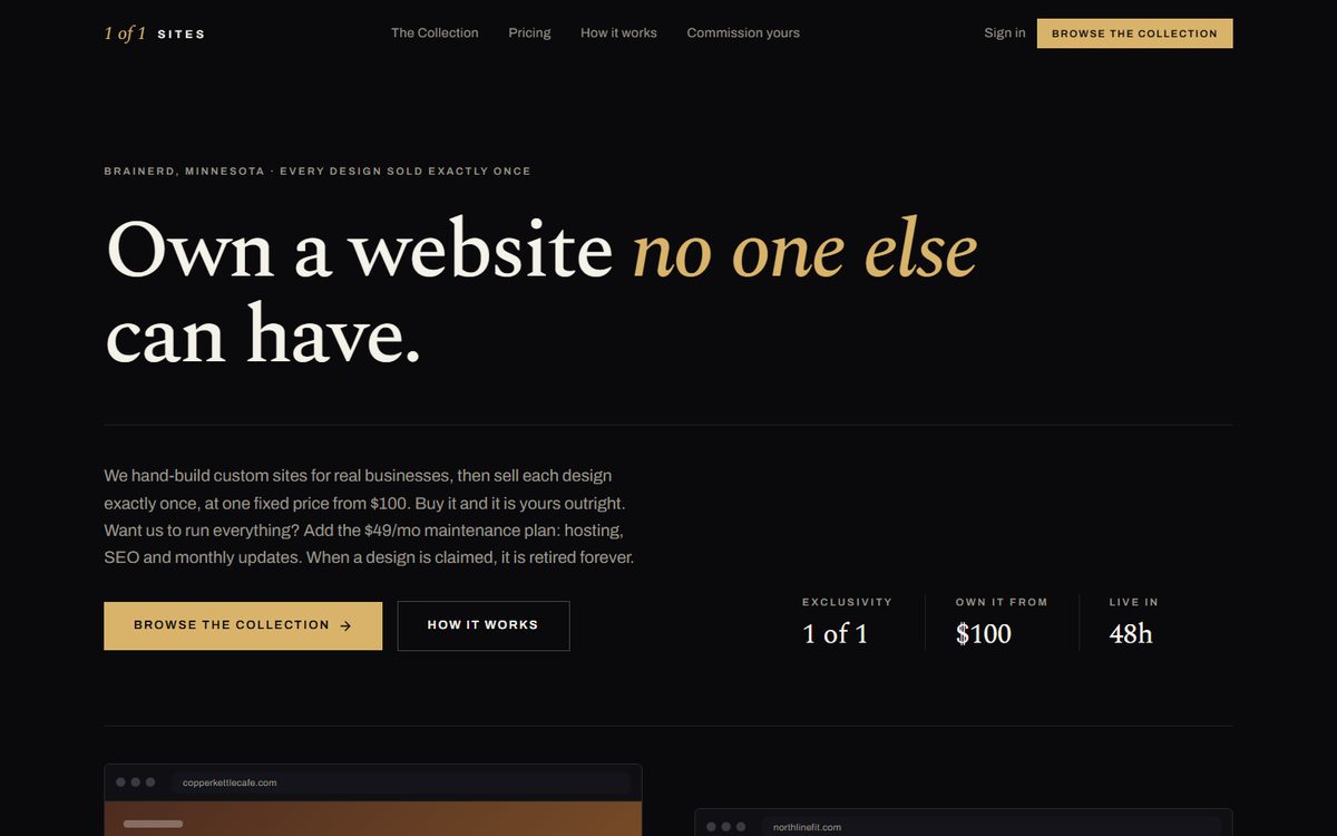 The 1 of 1 Sites homepage: a dark page with a large serif headline reading Own a website no one else can have, above three example listings in browser frames