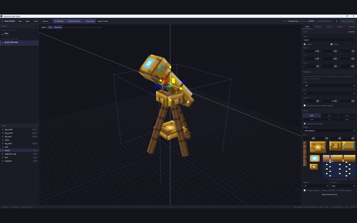 The SwansonX Asset Studio window: a gold and teal blocky robot model on a wireframe grid, with tool panels either side and texture swatches below