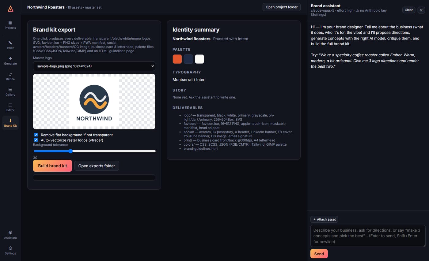 BrandForge brand kit export: master logo, deliverables list and the Build brand kit button