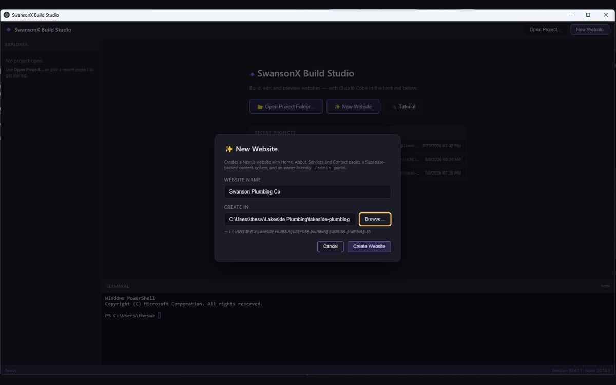 The SwansonX Build Studio window: a dark desktop app with a New Website dialog open, asking for a site name and a folder to create it in