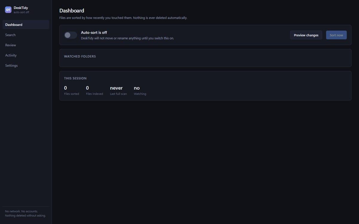 The DeskTidy dashboard: a light window with a sidebar, an Auto-sort is off row with Preview changes and Sort now buttons, and a session counter