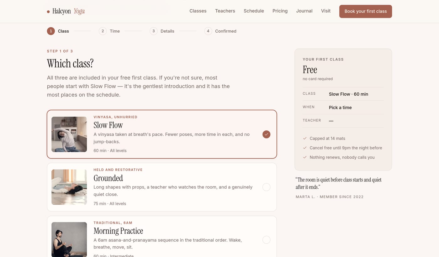 Step one of the booking flow: a progress bar reading Class, Time, Details, Confirmed, with three class cards and a running summary panel showing the first class is free