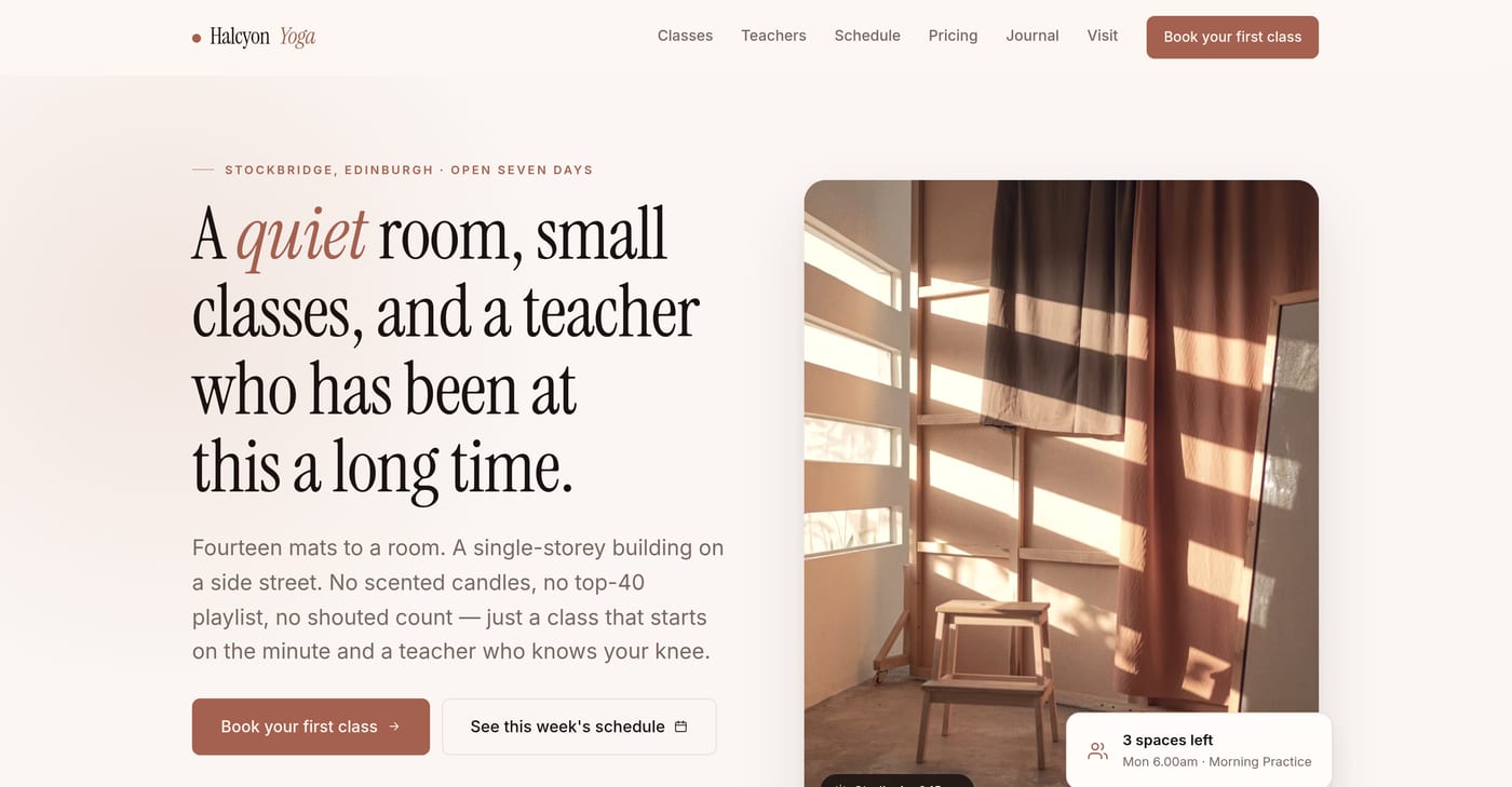 The Halcyon Yoga homepage - large serif type reading "A quiet room, small classes, and a teacher who has been at this a long time" beside a warm photograph of a sunlit studio corner