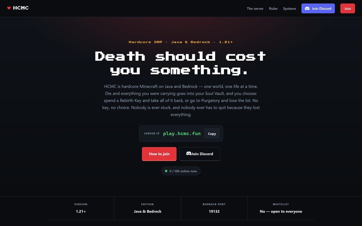 The HCMC site: a dark page with a pixel typeface headline reading Death should cost you something, above a green server address chip and red How to join button