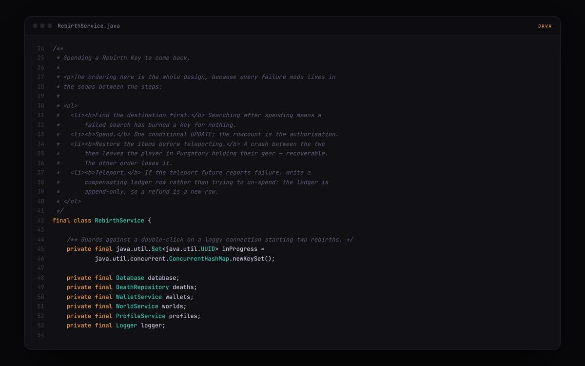A code editor showing RebirthService.java: a Javadoc block explaining the rebirth ordering, above the class and its private final service fields
