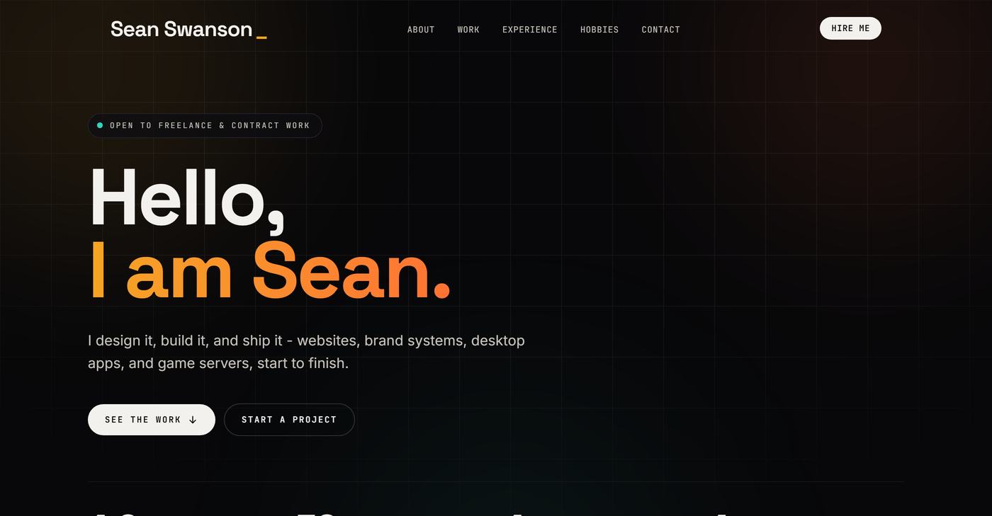 The Hello Swanson homepage: a near-black page with huge type reading Hello, I am Sean, the second line in orange, above See the work and Start a project buttons