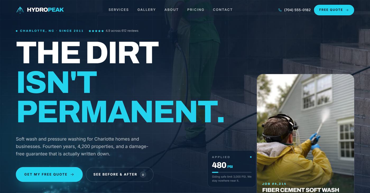 The HydroPeak homepage: a dark blue hero reading The dirt isn't permanent, over a photo of a technician soft washing the side of a house