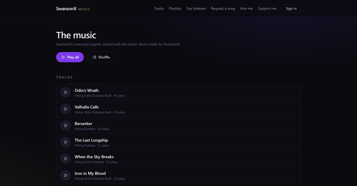 The SwansonX Music homepage: a dark track listing headed The music, with Play all and Shuffle buttons above a list of songs