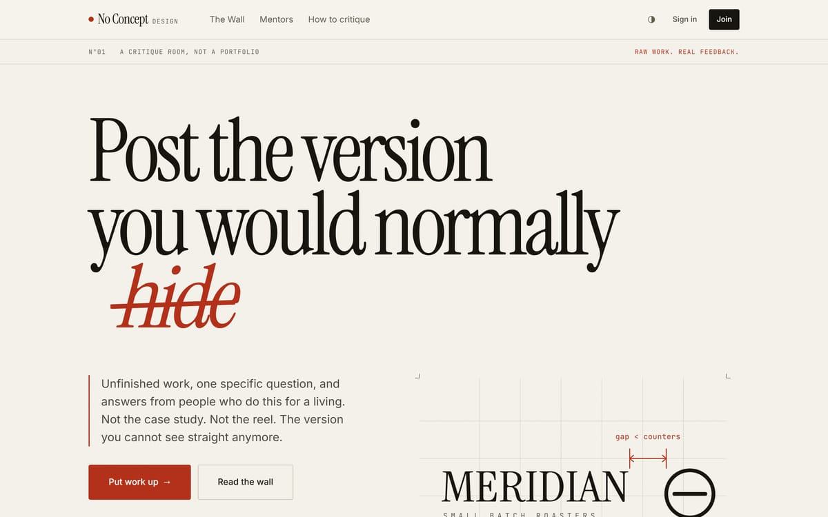 The No Concept Design homepage: cream paper with huge serif type reading Post the version you would normally hide, the word hide set in red italic