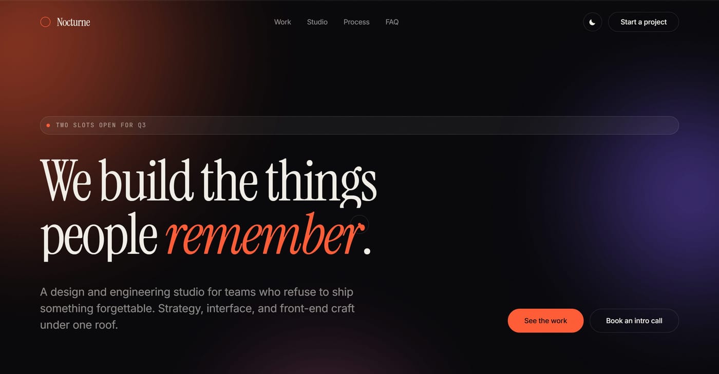 The Nocturne homepage: a dark hero with large serif type and coloured gradient light