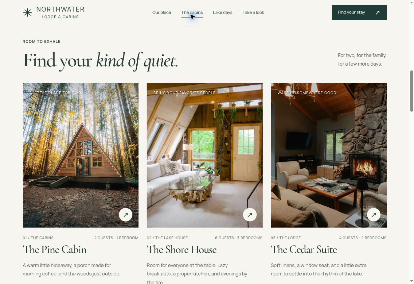 Desktop cabin collection: three stays, with guest counts and bedroom details alongside each photograph.