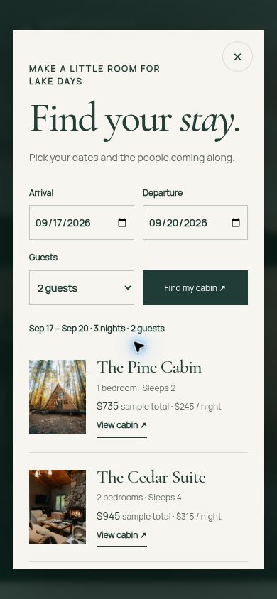 The planner at a 390px responsive width. Dates, guest count, and cabin results remain usable in one column.