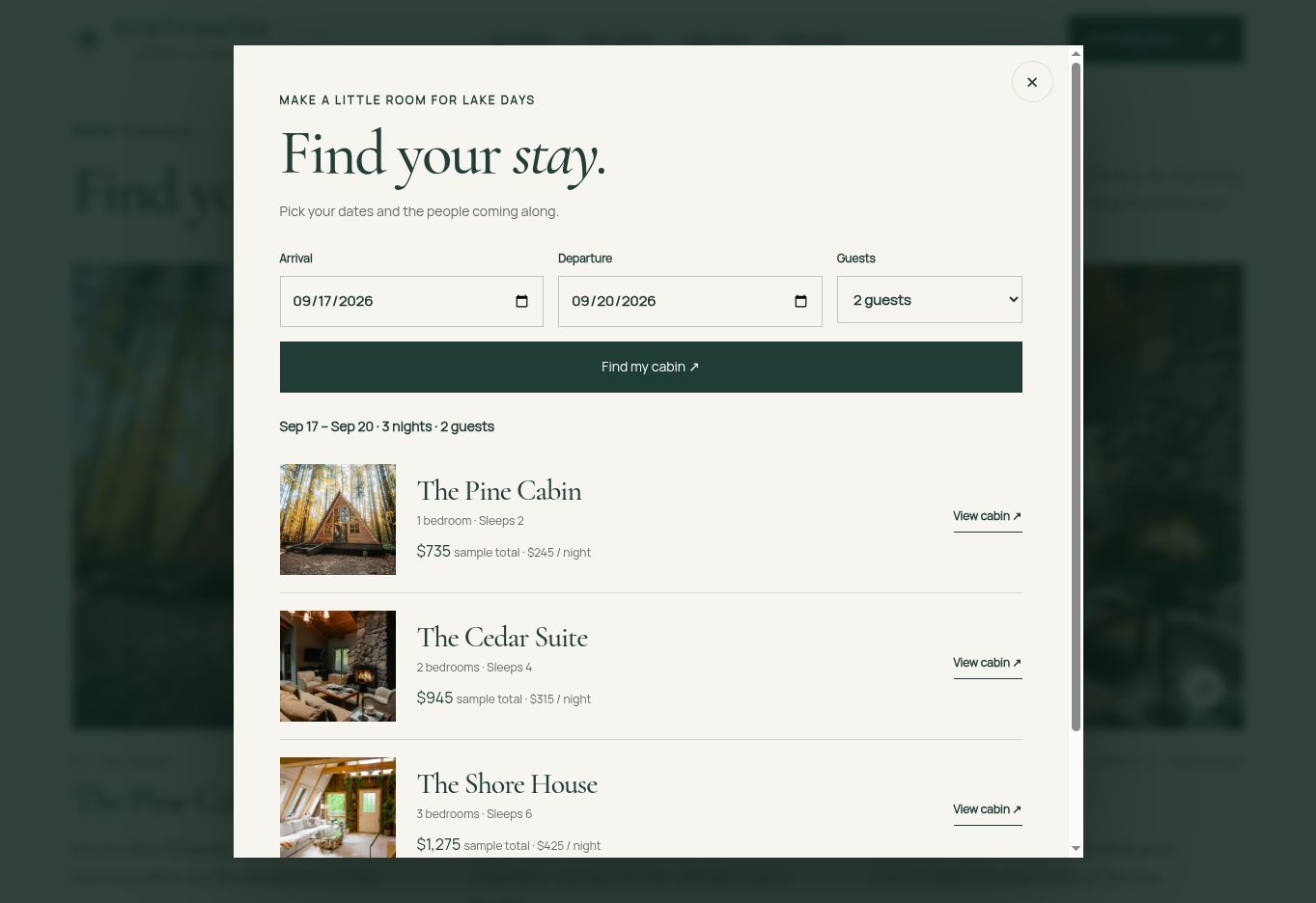 The stay planner compares cabins using arrival, departure, and party size. Every price is a clearly labelled sample.