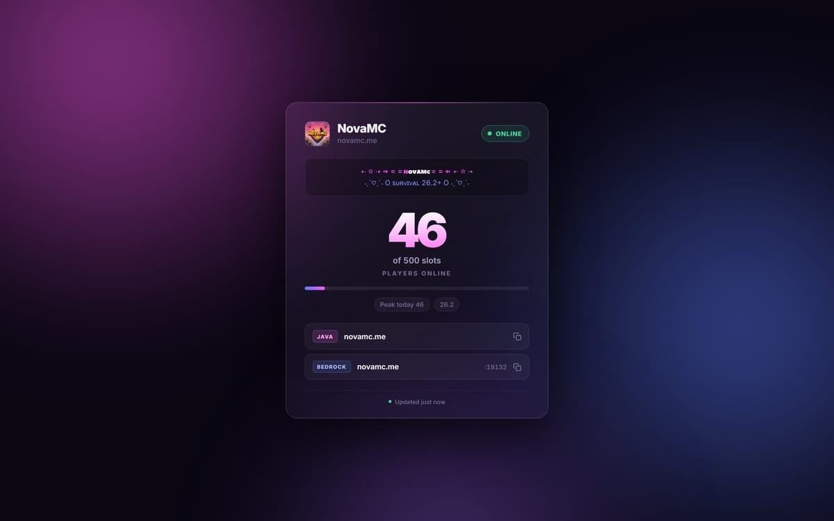 The NovaMC status page: a purple gradient behind a card reading 46 of 500 slots, players online, with Java and Bedrock address chips
