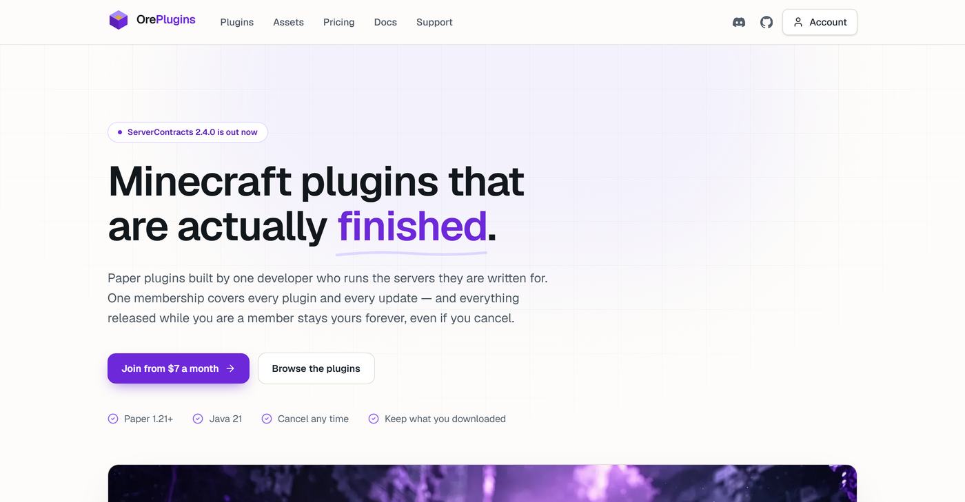 The OrePlugins homepage: large black type reading Minecraft plugins that are actually finished, with a purple Join from seven dollars a month button