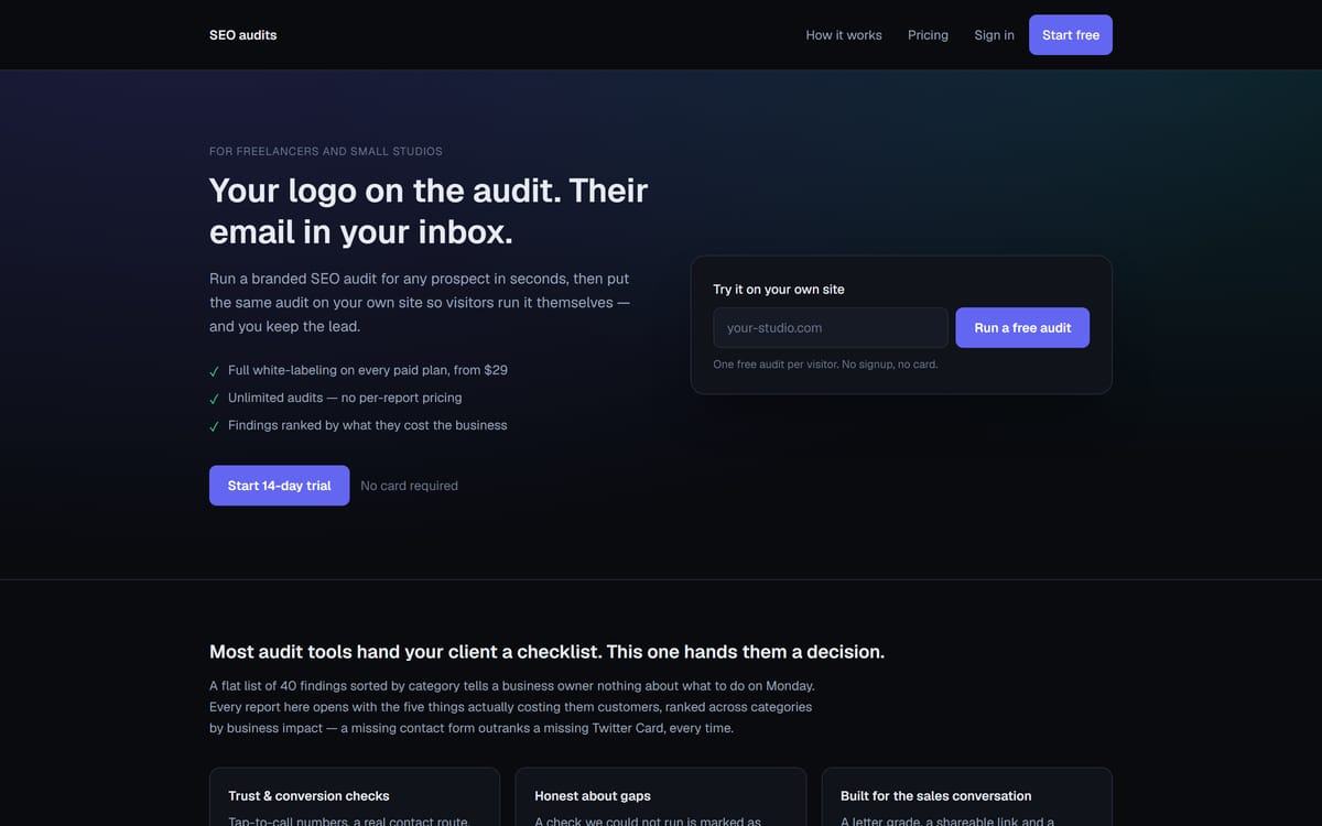 The ReportMagnet homepage: a dark navy hero reading Your logo on the audit, their email in your inbox, beside a white audit widget
