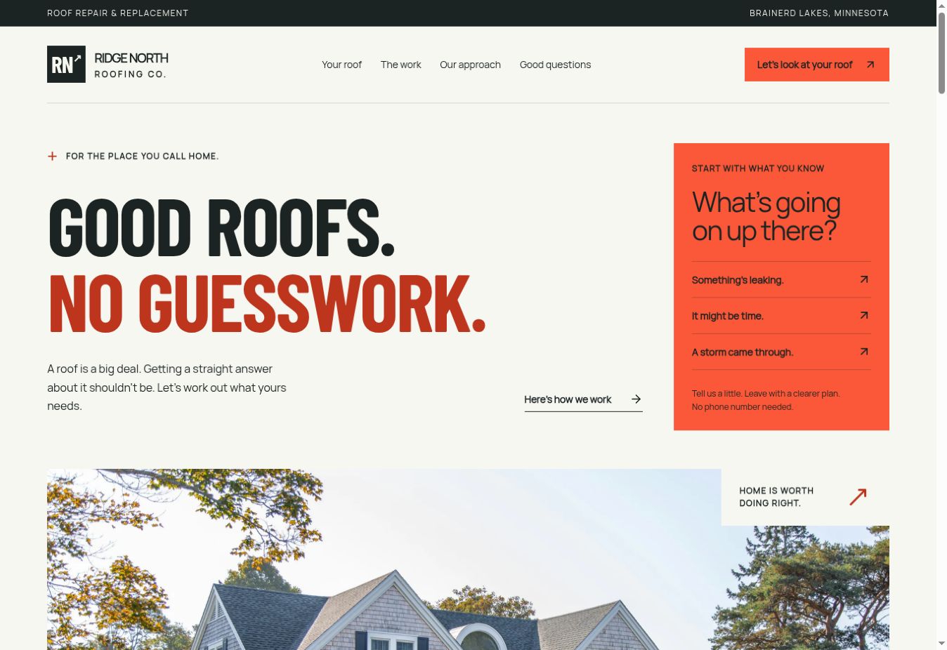 Ridge North Roofing homepage with a bold Good roofs. No guesswork. headline, orange assessment panel, and residential roof photography.