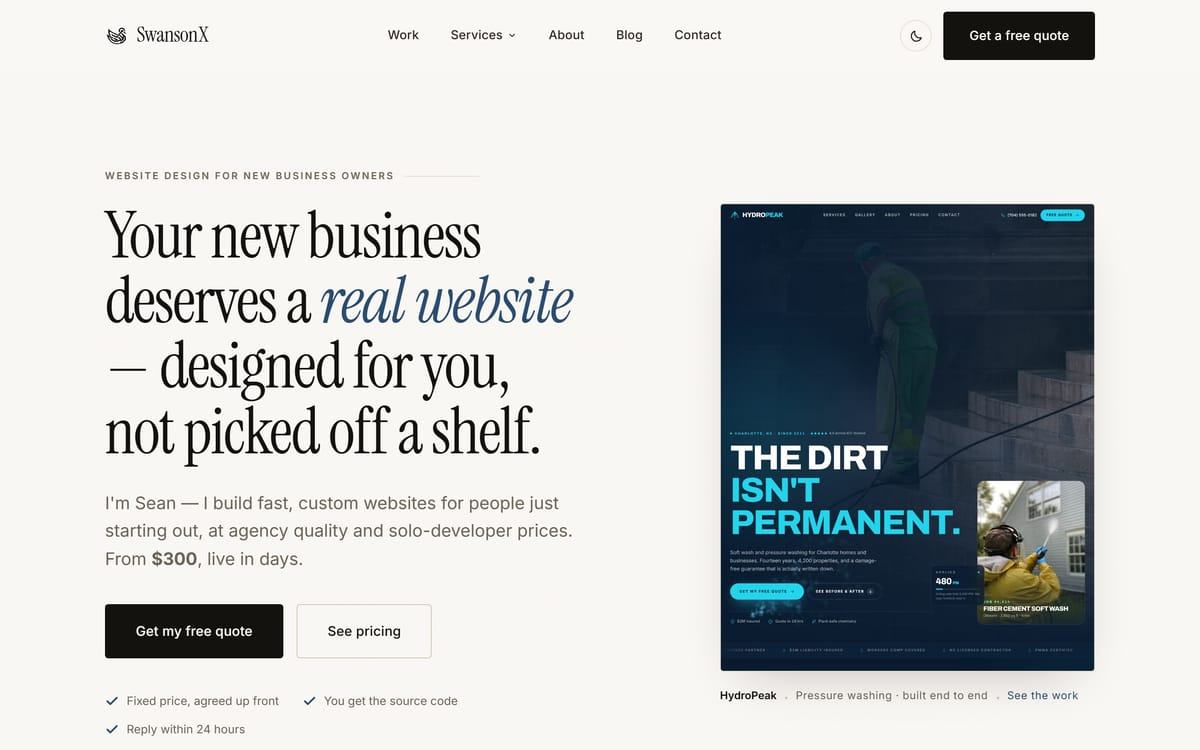 The SwansonX homepage: serif type reading Your new business deserves a real website, designed for you, not picked off a shelf, beside a preview of the HydroPeak site