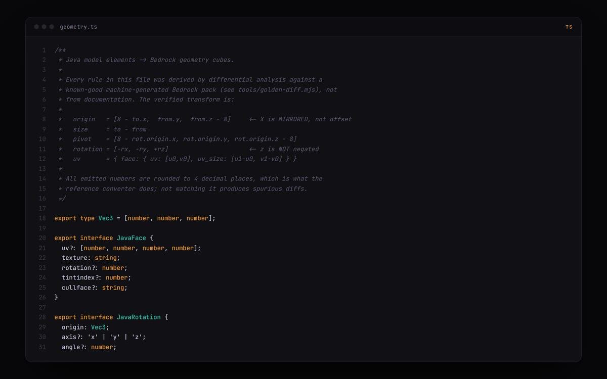 A code editor showing geometry.ts: the Vec3 and JavaBone type definitions used to convert Java model geometry into Bedrock cubes