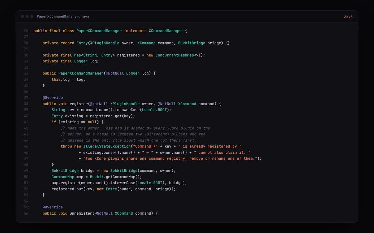 A code editor showing PaperXCommandManager.java: the register method that throws when two plugins claim the same command name