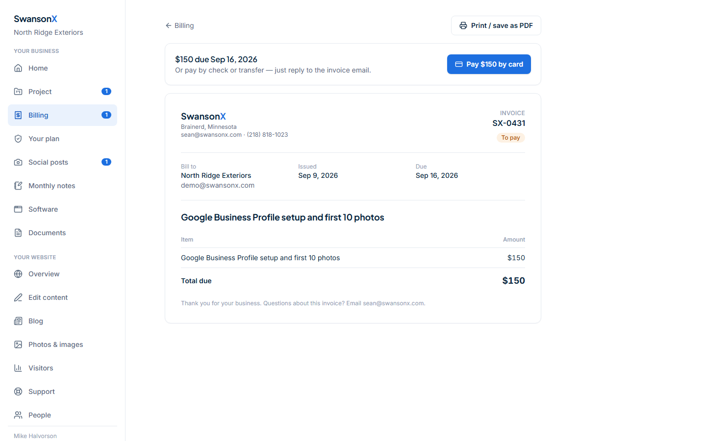 An invoice in the client panel with a Pay by card button and the SwansonX contact details