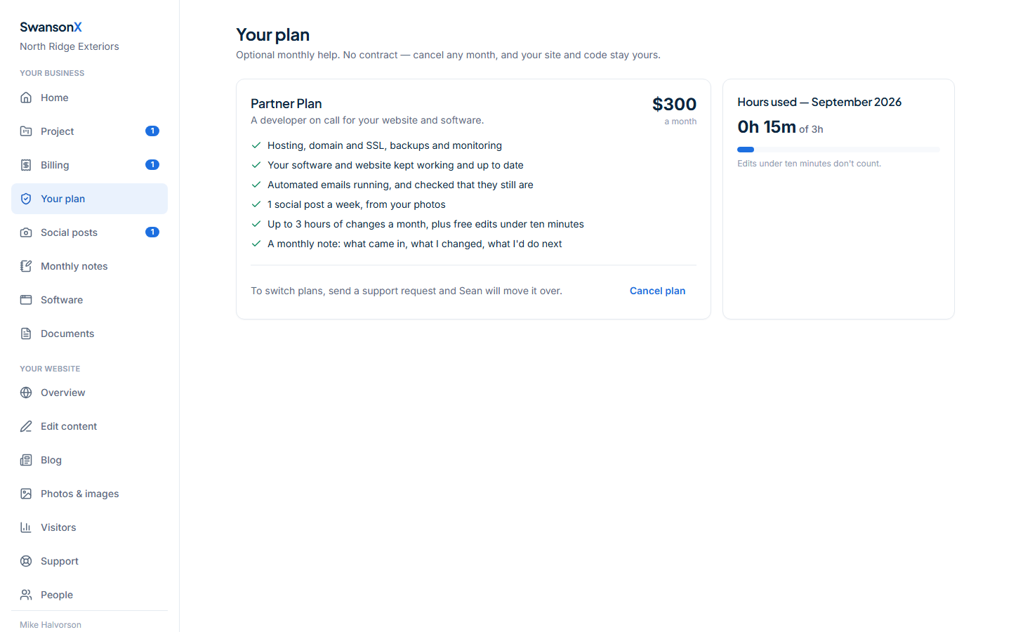 The plan page in the client panel: what Site Care and the Partner Plan include, with a start button and cancel-any-month wording