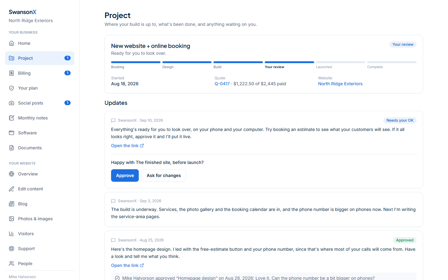 A project in the client panel: a six-step progress bar and an update asking the client to approve the homepage design