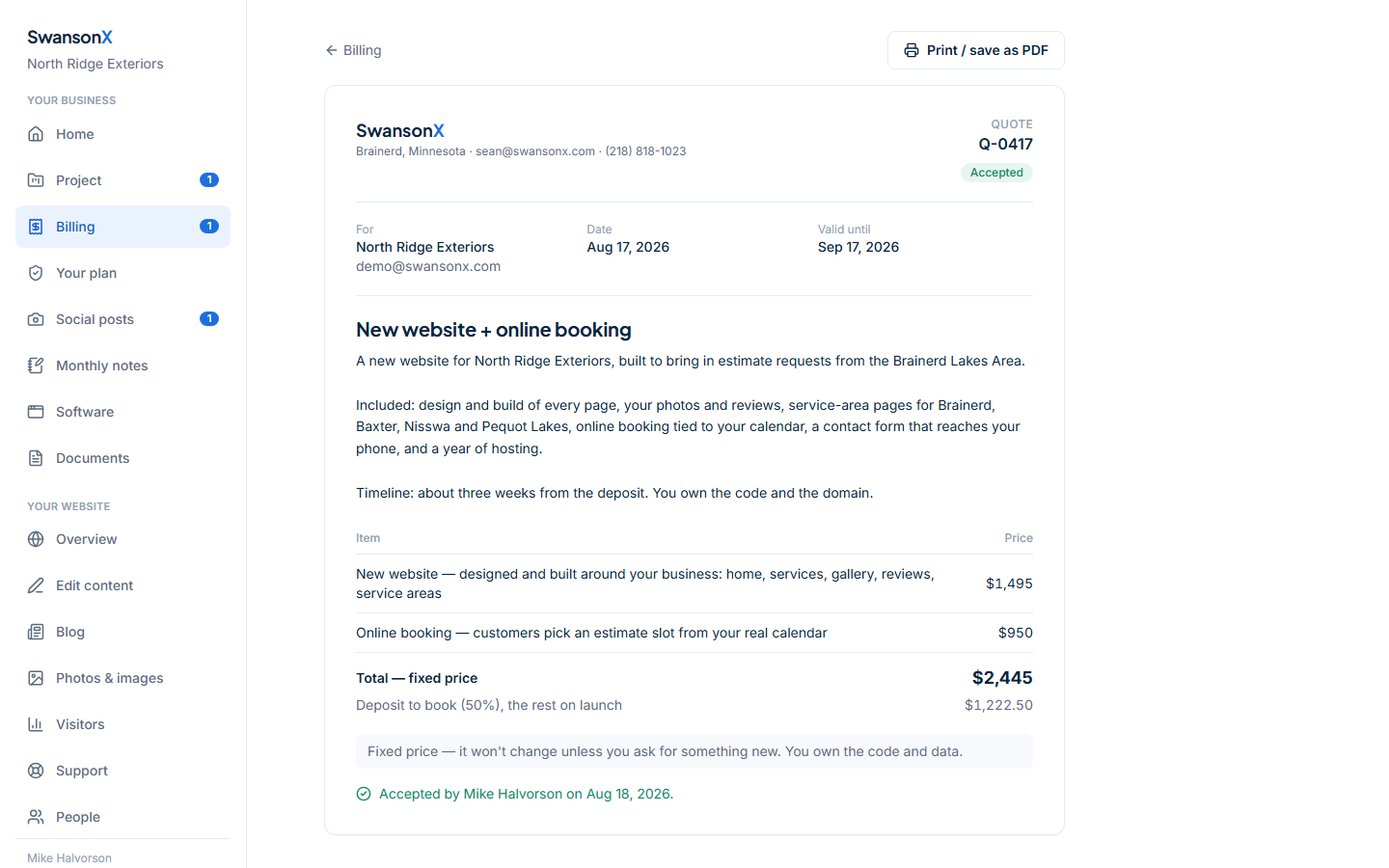 A quote in the SwansonX client panel: line items, a fixed total, the deposit amount and an accept box where the client types their name